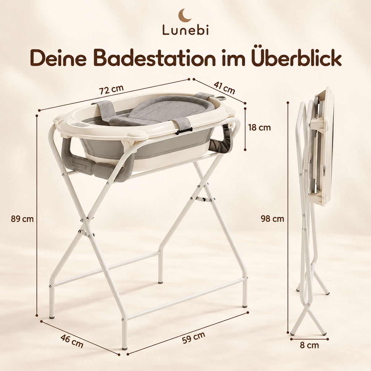 Lunebi Badestation mit Maßen, aufgestellt und zusammengeklappt