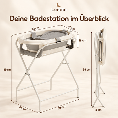 Lunebi Badestation mit Maßen, aufgestellt und zusammengeklappt
