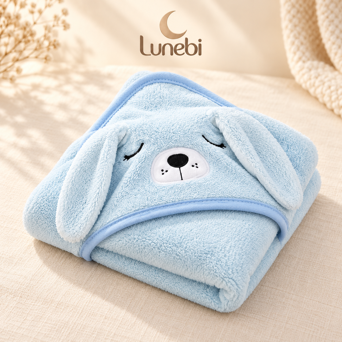 Lunebi Baby-Kapuzenhandtuch – Blau mit Hund