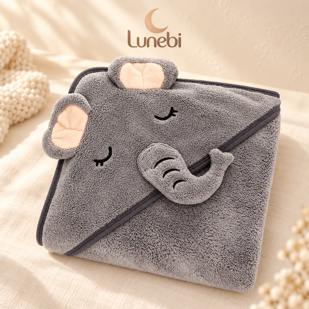 Lunebi Baby-Kapuzenhandtuch – Grau mit Elefant