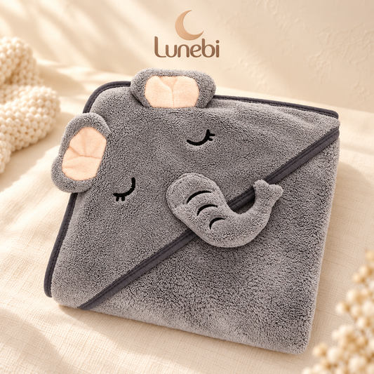 Lunebi Baby-Kapuzenhandtuch – Grau mit Elefant