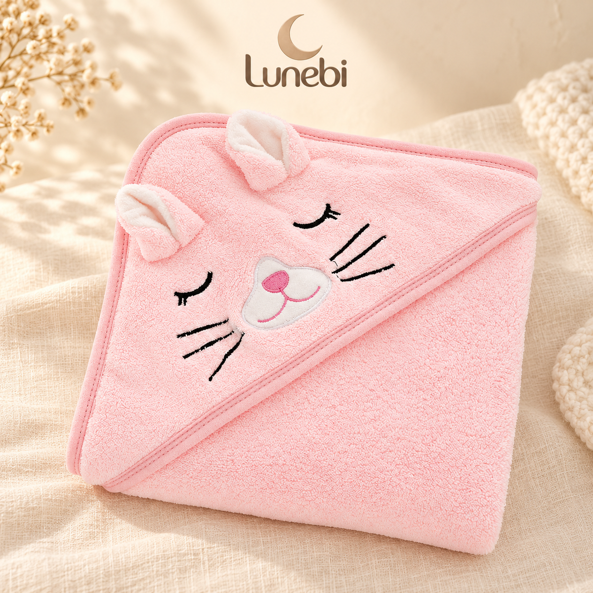 Lunebi Baby-Kapuzenhandtuch – Rosa mit Katze