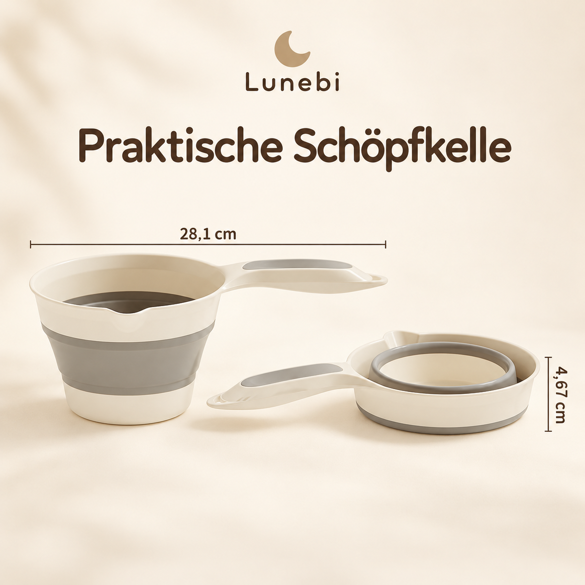 Lunebi Schöpfkelle, aufgeklappt und gefaltet, mit Maßen