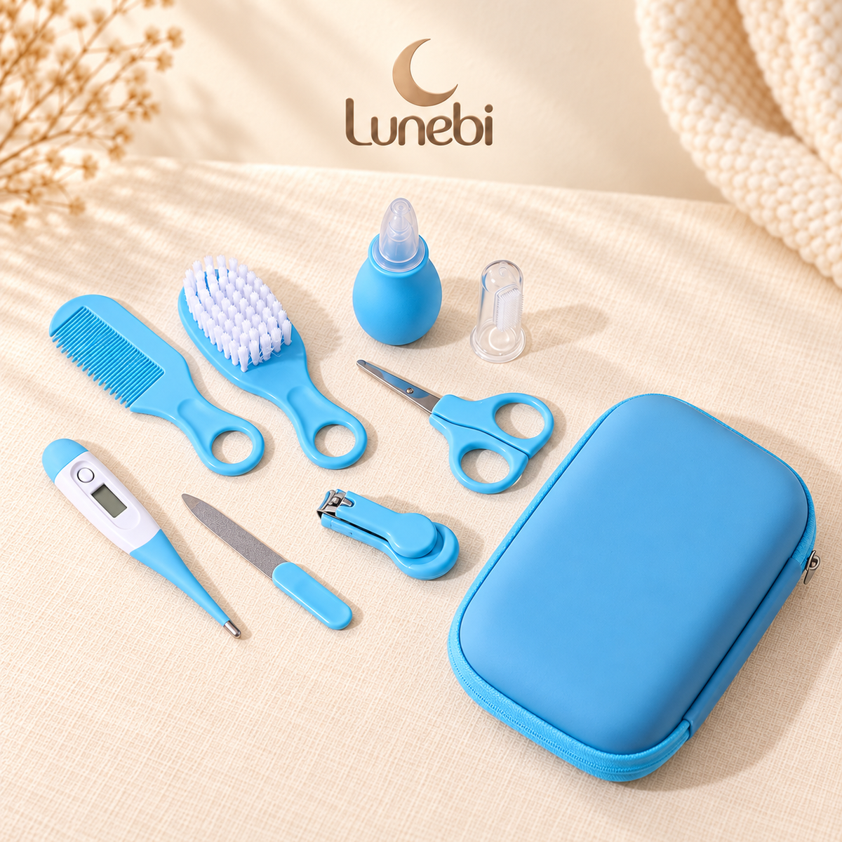 Lunebi 8-in-1 Babypflegeset in Blau mit acht Pflegeutensilien und Etui