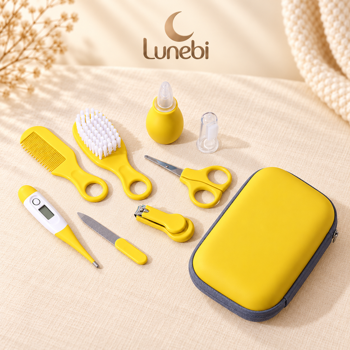 Lunebi 8-in-1 Babypflegeset in Gelb mit acht Pflegeutensilien und Etui
