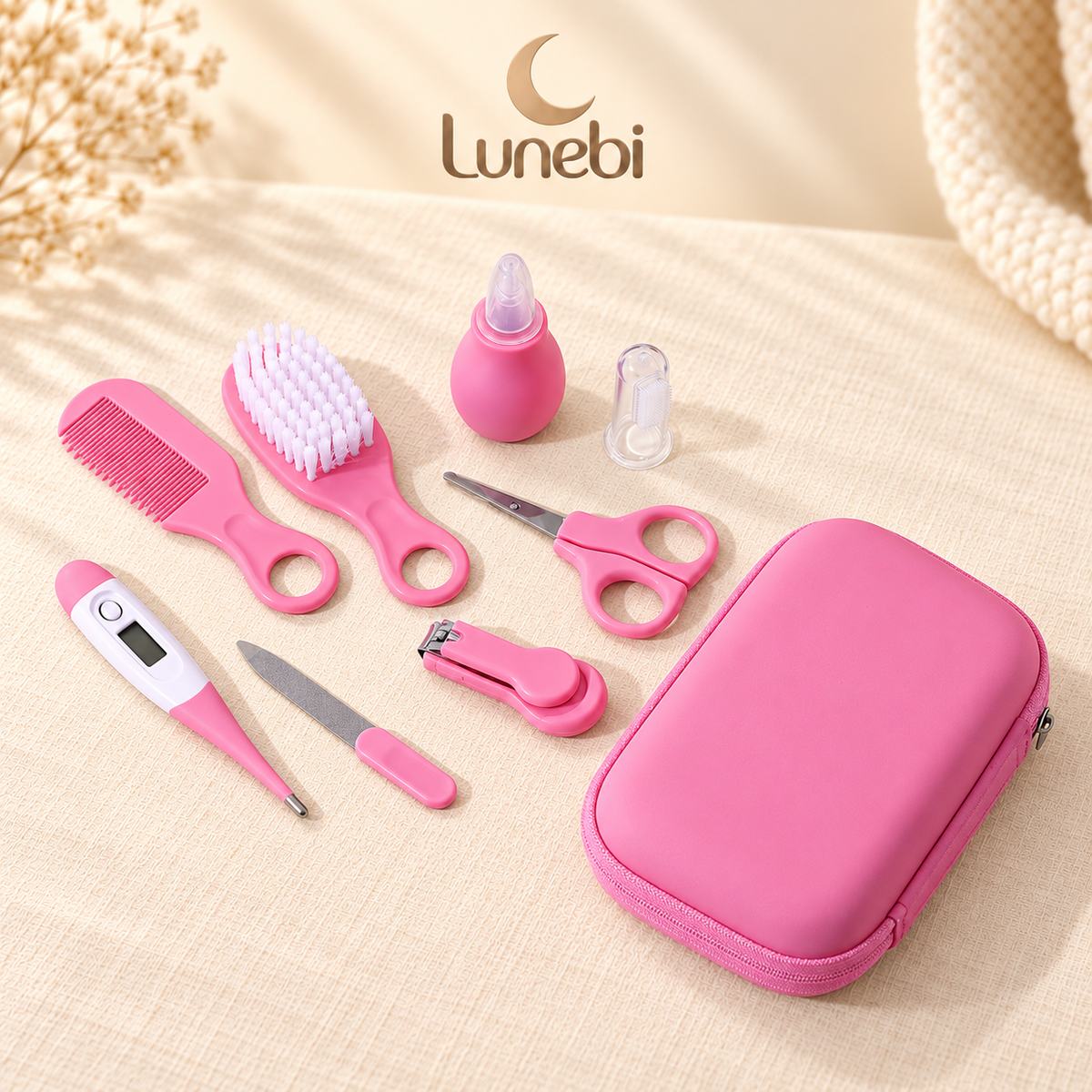 Lunebi 8-in-1 Babypflegeset in Rosa mit acht Pflegeutensilien und Etui