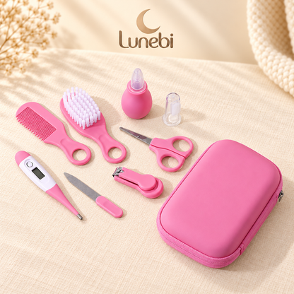 Lunebi 8-in-1 Babypflegeset in Rosa mit acht Pflegeutensilien und Etui
